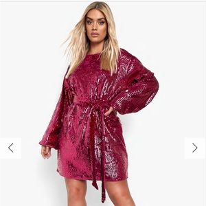 PLUS SEQUIN BELTED BLOUSON SLEEVE SHIFT DRESS